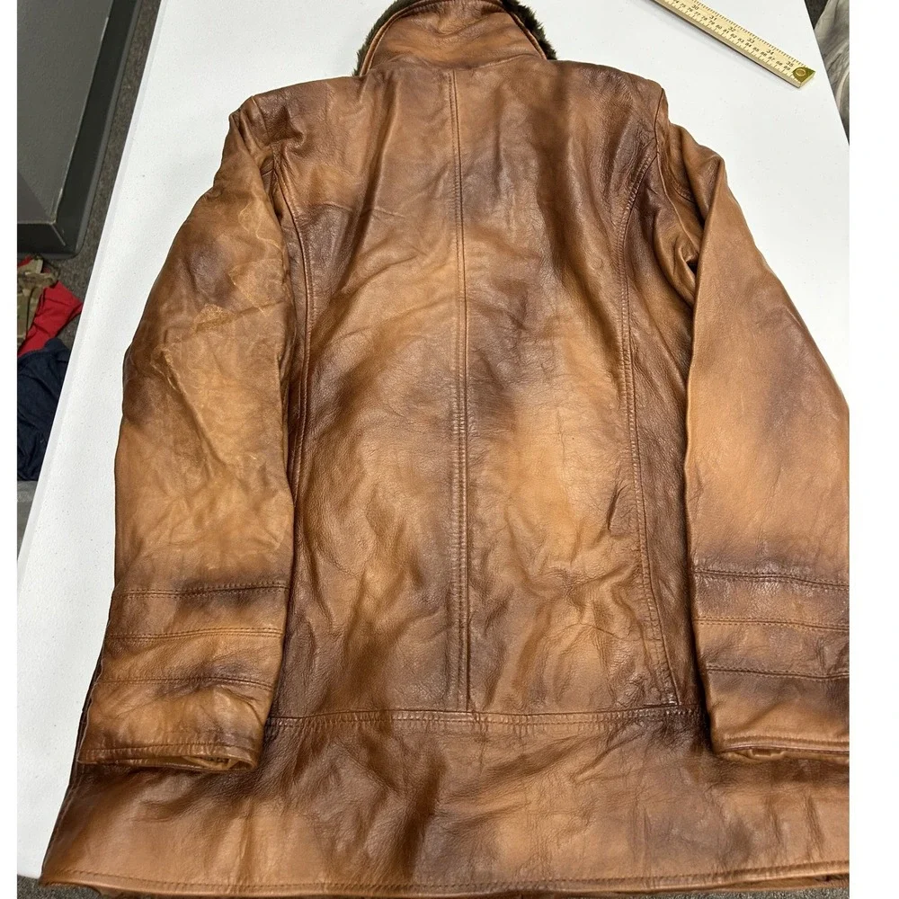 Haawkers Leather Jacket Mens XL Brown Faux Fur Collar Distressed Full Grain G1